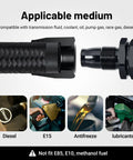 Close-up of 6AN Nylon Stainless Steel Braided Fuel Line Kit with 14 Fittings showing applicable medium compatibility chart.