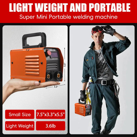 Mini Portable MMA 250A Stick Welder 110V IGBT Inverter with hot start, light in hand and carried by person in work outfit