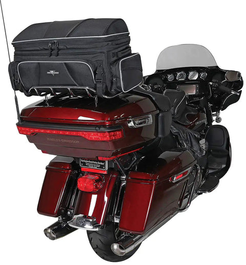 Route 1 Traveler Tour Trunk Bag For Motorcycles Ride Ready With UltraMax Fade Resistant Fabric And Lifetime Warranty mounted on Harley