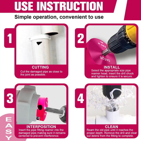 Step-by-step use instructions for PVC Pipe Reamer Kit With Carbide Blades, 6 Pack For Plastic Pipe Fittings, Fits 3/4 To 4 Inch Pipes