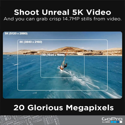 Waterproof Action Camera With Front LCD And Rear Touch Screens, displaying 5K Ultra HD Video resolution comparison on a kite surfer
