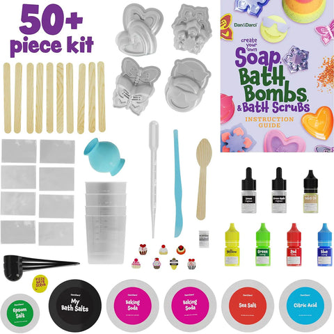 Soap And Bath Bomb Making Kit For Kids 3 In 1 Spa Science Lab Craft Set includes molds, colors, tools, salts, and guide book.