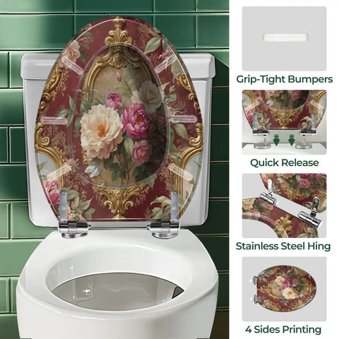 Elongated Resin Toilet Seat for Bathroom with floral design, featuring stainless steel hinges and quick release function.