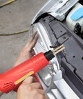Minkissy Portable Plastic Welding Kit With 70W Handheld Tool for car bumper repair, showing red tool in use on a vehicle.