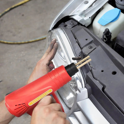 Minkissy Portable Plastic Welding Kit With 70W Handheld Tool for car bumper repair, showing red tool in use on a vehicle.