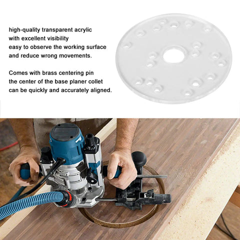 Transparent Acrylic Router Base Plate Kit With Brass Centering Pin for quick alignment and easy woodworking on trim routers.