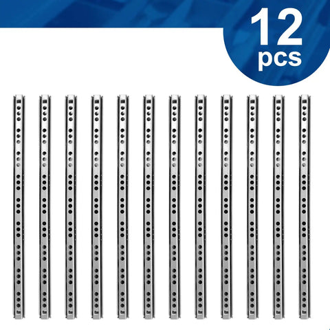 Heavy Duty Ball Bearing Drawer Slides 12 Piece Set With Bullproof Two Way Glide Tracks 13.5 Inch Zinc Coated Rust Resistant Furniture Hardware Includes Quick Mount Kits For No Sweat Assembly, showing 12 pieces laid out.