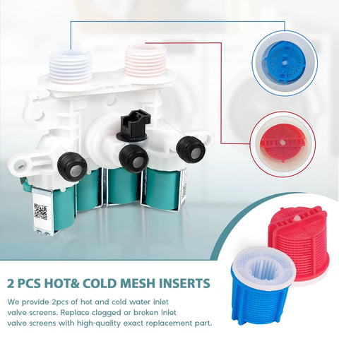 Washer water inlet valve assembly with four teal solenoids and dual blue/red inlet fittings; includes two mesh inserts.