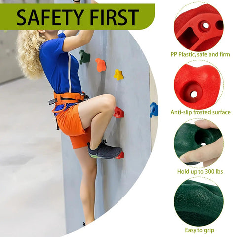 Person using 25 Pack Rock Climbing Holds Kit With Multi Color Grips And Mounting Hardware Includes 10.7 Feet Rope Nuts Bolts Washers And Wrench For Indoor And Outdoor Wall Climbing on a wall.