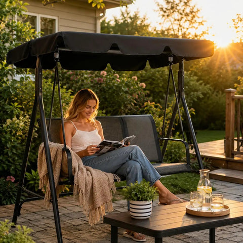 Heavy Duty Patio Swing Canopy Replacement Top Waterproof Windproof UV Resistant Rip Proof Garden Cover Fits 75x45 Or 85x45 Outdoor Swing Seats For Yard Porch Park with woman reading