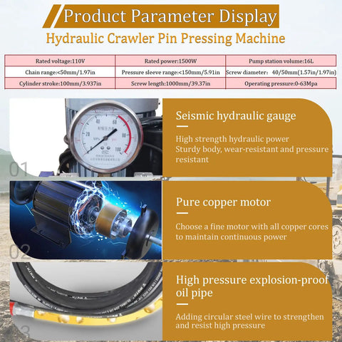 Hydraulic Crawler Pin Pressing Machine parameters display with gauge, copper motor, and high-pressure oil pipe.