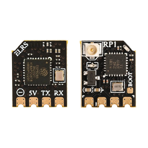 RP1 ExpressLRS FPV Receiver 2.4GHz Nano RX module with close-up of PCB and solder points for Tiny Whoop drones and RC planes