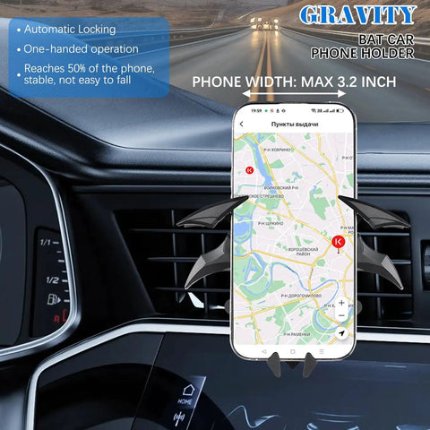 Bat Wings Car Phone Holder With Universal Air Vent Mount and Mechanical Wing Design For Ultra Stable Hands Free Phone Access On The Road positioned in car air vent, holding phone with map visible.