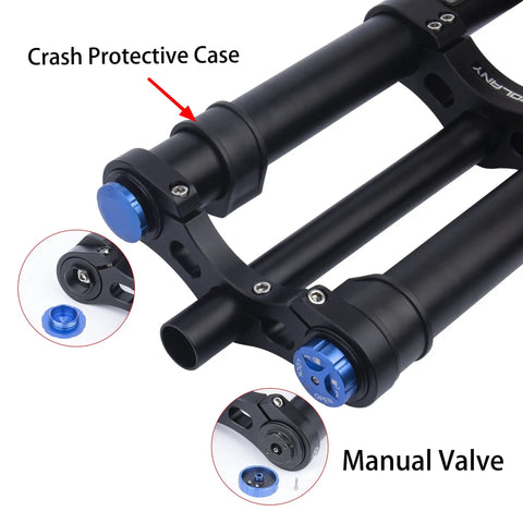 Beefed-Up Downhill Mountain Bike Front Fork With Air Suspension, shows manual valve and crash protective case, black finish.