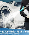 Person using Beefy Pressure Washer Short Gun 5000 PSI Ten And A Half GPM Power Packed Spray Gun With Swivel Quick Connect And M22 To 14 Millimeter Connector For Foam Cannon Car Wash on car wheel