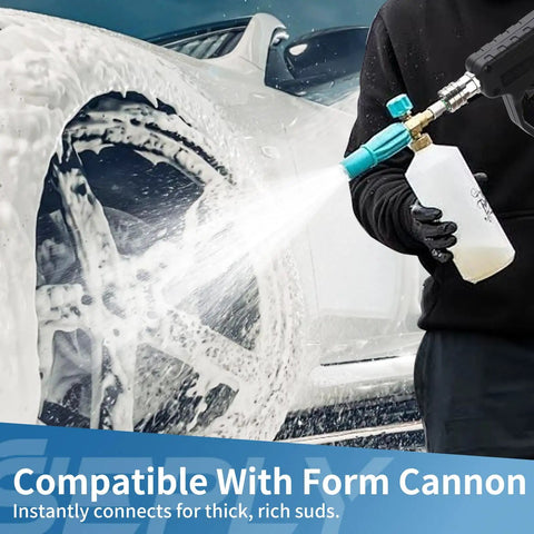 Person using Beefy Pressure Washer Short Gun 5000 PSI Ten And A Half GPM Power Packed Spray Gun With Swivel Quick Connect And M22 To 14 Millimeter Connector For Foam Cannon Car Wash on car wheel