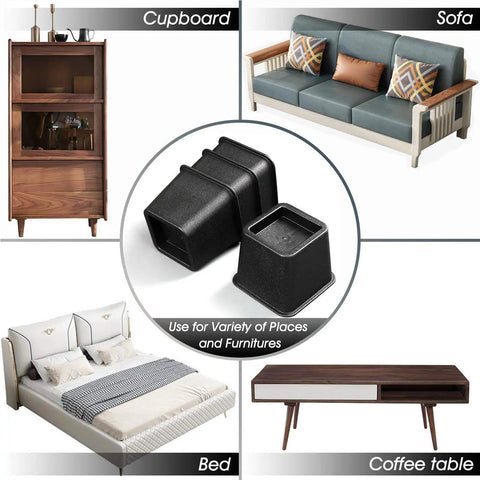 Heavy Duty Bed Riser Set 3 Inch Elevates Beds Couches Desks Sofas And Bunk Posts 4 Pack For Extra Storage And Space Saving In Small Rooms Dorms And Apartments shown with sofa, cupboard, bed, and coffee table