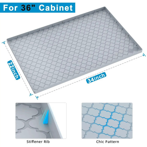 Under Sink Mat For Kitchen Waterproof Liner 36 Inch Cabinet Protector shown with dimensions and chic pattern design.