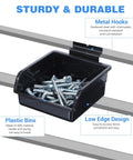 Black slatwall bin with metal hooks holding screws, labeled sturdy and durable, part of 12 Pack Slatwall Bins With Hooks Plastic Organizer Set For Slatwall Storage Must Have Durable Workbench Bins For Garage Craft Room Tool Shed Hobby Space Black.