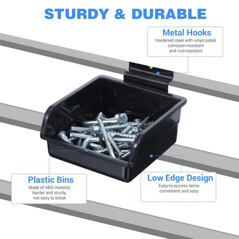 Black slatwall bin with metal hooks holding screws, labeled sturdy and durable, part of 12 Pack Slatwall Bins With Hooks Plastic Organizer Set For Slatwall Storage Must Have Durable Workbench Bins For Garage Craft Room Tool Shed Hobby Space Black.
