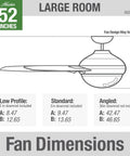 Dimensions diagram of 52 Inch Indoor Ceiling Fan With LED Light And Remote Brushed Nickel Finish Four Light Gray Oak Blades Modern Yet Totally Quiet Ceiling Fan For Bedroom Living Room Or Kitchen