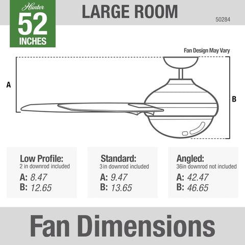 Dimensions diagram of 52 Inch Indoor Ceiling Fan With LED Light And Remote Brushed Nickel Finish Four Light Gray Oak Blades Modern Yet Totally Quiet Ceiling Fan For Bedroom Living Room Or Kitchen