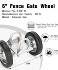 6 Inch Rolling Gate Wheel Carrier For Chain Link Fence Heavy Duty Gate Caster Kit With Rubber Wheels shown in close-up view.