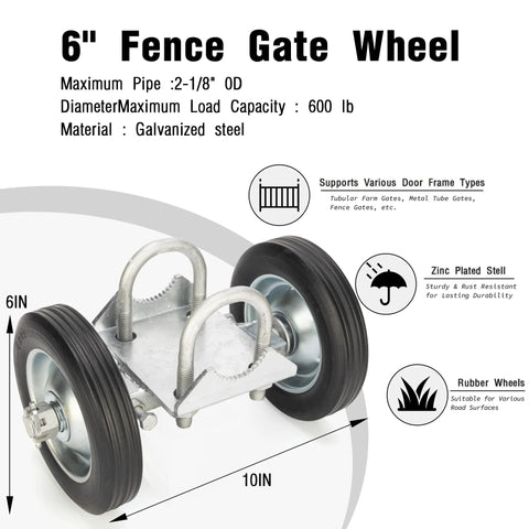 6 Inch Rolling Gate Wheel Carrier For Chain Link Fence Heavy Duty Gate Caster Kit With Rubber Wheels shown in close-up view.