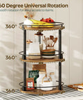 3 Tier Lazy Susan Spice Rack Rotating Turntable Organizer For Cabinet, Countertop And Pantry Spins Smooth Like A Boss With A 360 Degree Spin Rustic Brown And Black Finish SR23BR 10.2 X 10.2 X 18 Inches displaying various kitchen items