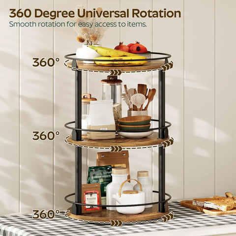 3 Tier Lazy Susan Spice Rack Rotating Turntable Organizer For Cabinet, Countertop And Pantry Spins Smooth Like A Boss With A 360 Degree Spin Rustic Brown And Black Finish SR23BR 10.2 X 10.2 X 18 Inches displaying various kitchen items