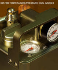 Close-up of Portable Pneumatic Espresso Maker with 58mm Portafilter and dual pressure gauges measuring temperature and pressure.