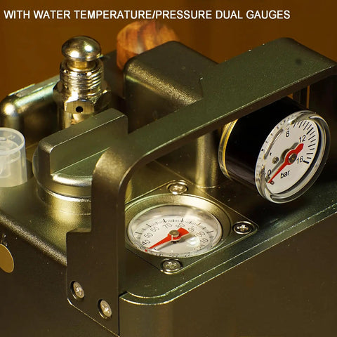 Close-up of Portable Pneumatic Espresso Maker with 58mm Portafilter and dual pressure gauges measuring temperature and pressure.