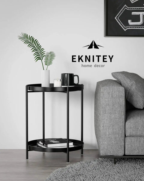 2 Tier End Table With Removable Tray, Metal Side Table For Living Room set beside a grey sofa, waterproof and versatile, Black