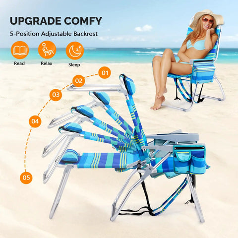 16 Inch Tall Beach Chairs For Adults 2 Pack Lightweight Backpack Camp Chairs With 5 Positions Cooler Bag Cup Holder Towel Rack