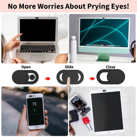 Super Slick Six Pack Webcam Slides With Hella Thin Sliding Frame For Total Security And Private Screen Guarding On Laptops Desktops Macbooks Phones Tablets And Echo Shows Matte Black in use on devices.