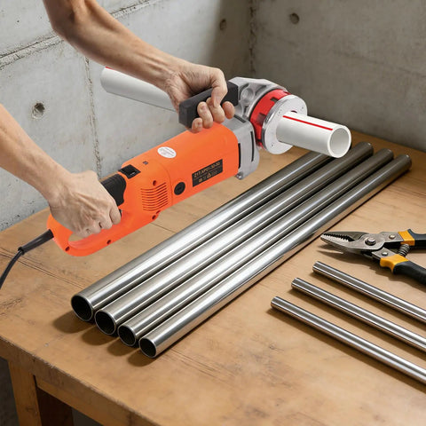 2300W Heavy Duty Electric Pipe Threader Machine Kit in use on steel pipes at a construction jobsite, showing reliable torque and fast cutting.