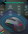 Wireless Mechanical Keyboard And Mouse Combo With Tri Mode Connectivity And Glowing Rgb Backlighting For Zero Cable Chaos And Sick Gaming Setups On Any Clean Office Desk In Matte Black, showing gaming mouse with RGB lighting.