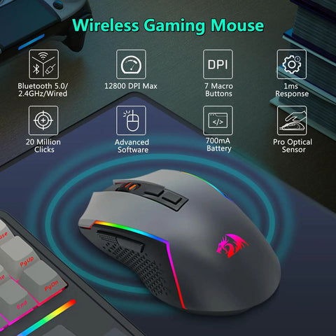 Wireless Mechanical Keyboard And Mouse Combo With Tri Mode Connectivity And Glowing Rgb Backlighting For Zero Cable Chaos And Sick Gaming Setups On Any Clean Office Desk In Matte Black, showing gaming mouse with RGB lighting.