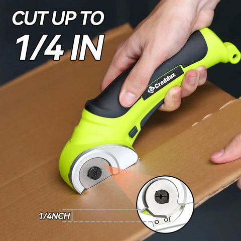 Creddux Cordless Electric Scissors cutting through cardboard, 4.2V power cutter for tough materials.