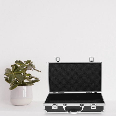 Kickass Aluminum Toolbox Carrying Case With Grip Handle open, black interior, sturdy aluminum exterior, perfect for organizing tools and camera gear.