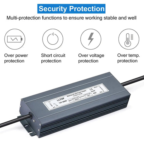 Heavy Duty 300W IP67 Waterproof LED Power Supply, 90-130V AC To 12V DC, 25A Output with security protection features visible