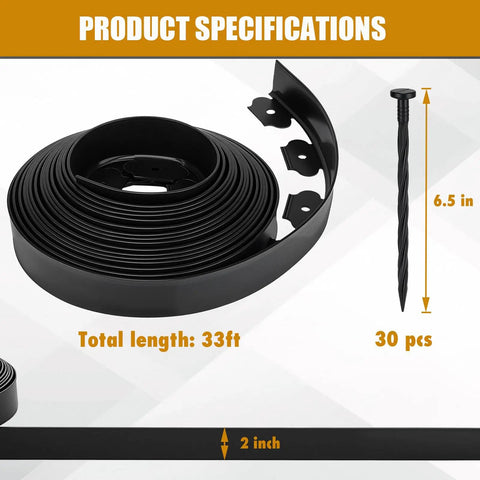 Heavy Duty Black Landscape Edging 2 Inches Tall 33 Feet Long All In One Kit With 30 Anchoring Spikes And 5 Connectors Flexible Garden Border