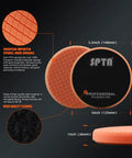 5.5 Inch Buffing Polishing Pads Kit features orange foam pad with 5 inch backing plate, shown with close-up texture and size details