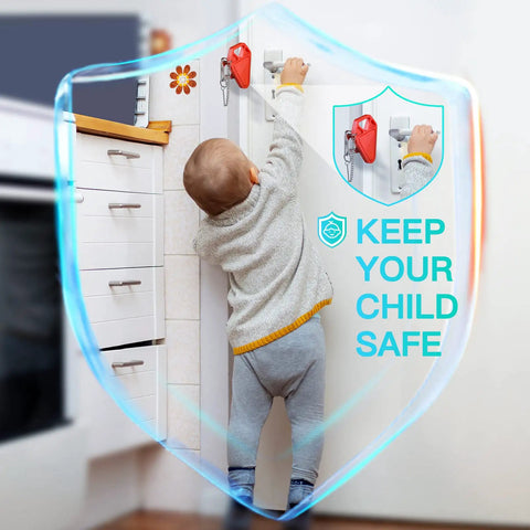 Child reaching for cabinet door showing 2 Pack Upgraded Portable Door Lock For Travel From Inside Front Door Security Device in use