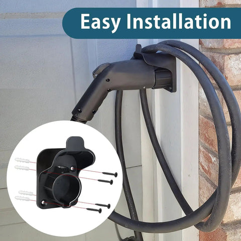 Heavy Duty J1772 EV Charger Holder Wall Mount Electric Vehicle Cable Organizer with installation guide and charging cable.