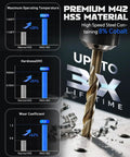 Pro Grade M42 Cobalt Drill Bit Set 21 Pcs Precision Ground Twist Bits with operating temperatures and hardness charts.