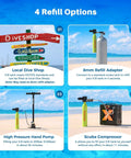 Four refill options for 0.5L Mini Scuba Tank S300 Portable Diving Cylinder with explosion proof safety and pro grade breathing valve core.