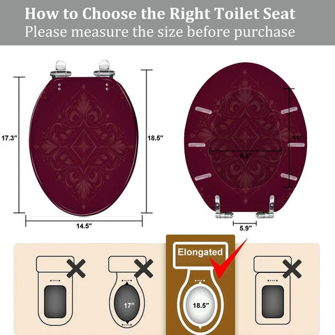 Toilet Seat Elongated Resin for Bathroom with measurement details, fitting standard toilets, size 14.5" x 18.5".