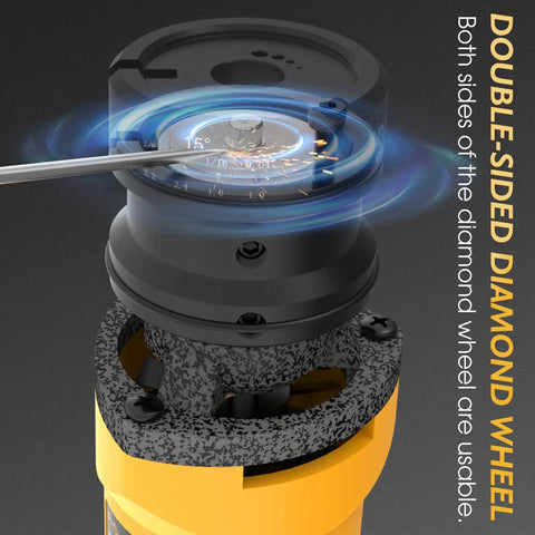 Close-up of 110V TIG Tungsten Electrode Sharpener with dust shield, showing double-sided diamond wheel in use