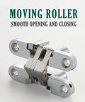 Badass Stainless Steel Hidden Door Hinges With Invisible Concealed Pivot For Cabinet Furniture Hardware Hella Rustproof And Keeping Your Doors Swinging Nice And Tight All Day Long 34X140MM close-up view showing smooth roller mechanism and metal finish